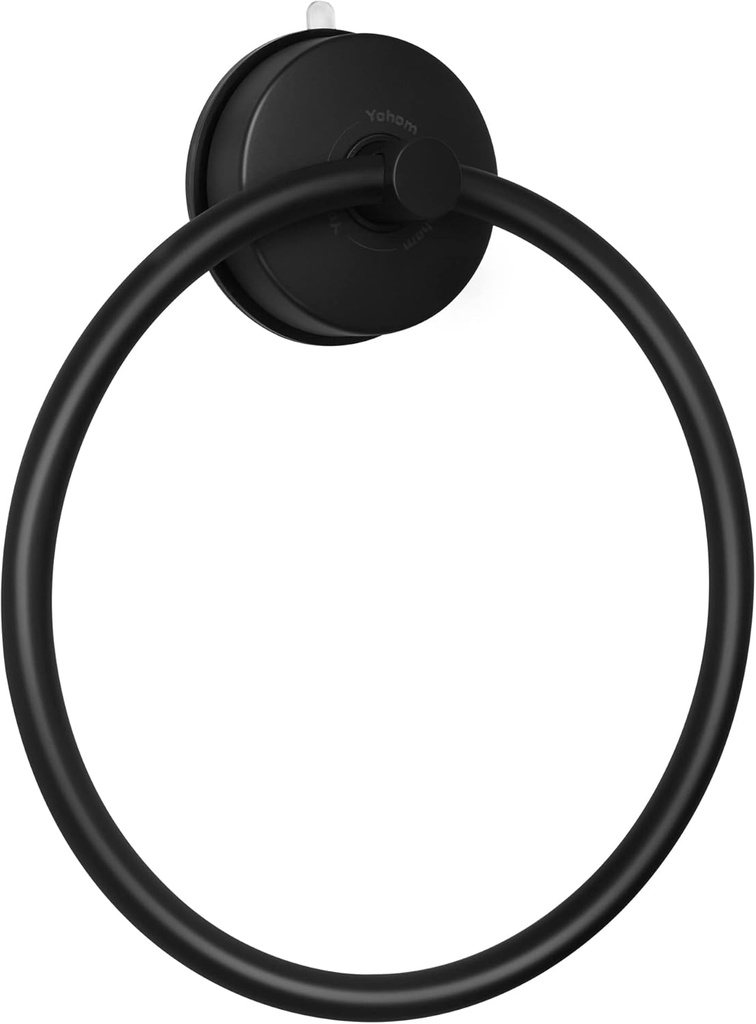 YOHOM Suction Cup Towel Ring Matte Black Hand Towel Holder for Bathroom Stainless Steel Vacuum Suction Washcloth Holder Dish Towel Hanger for Shower Wall No Drill