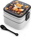 Cute Animal Fox Flower Bento Box Double-Layer Bento Lunch Container with Spoon And Invisible Handle Adult Leak-Proof Lunchbox for Dining Out Work Picnics Travel