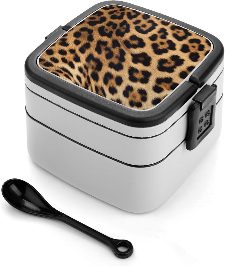Rough Leopard Print Bento Box for Adults Double Layer Lunch Box with Spoon And Invisible Handle Microwave Dishwasher Safe Leak Proof Meal Prep Lunch Containers for Office Picnic