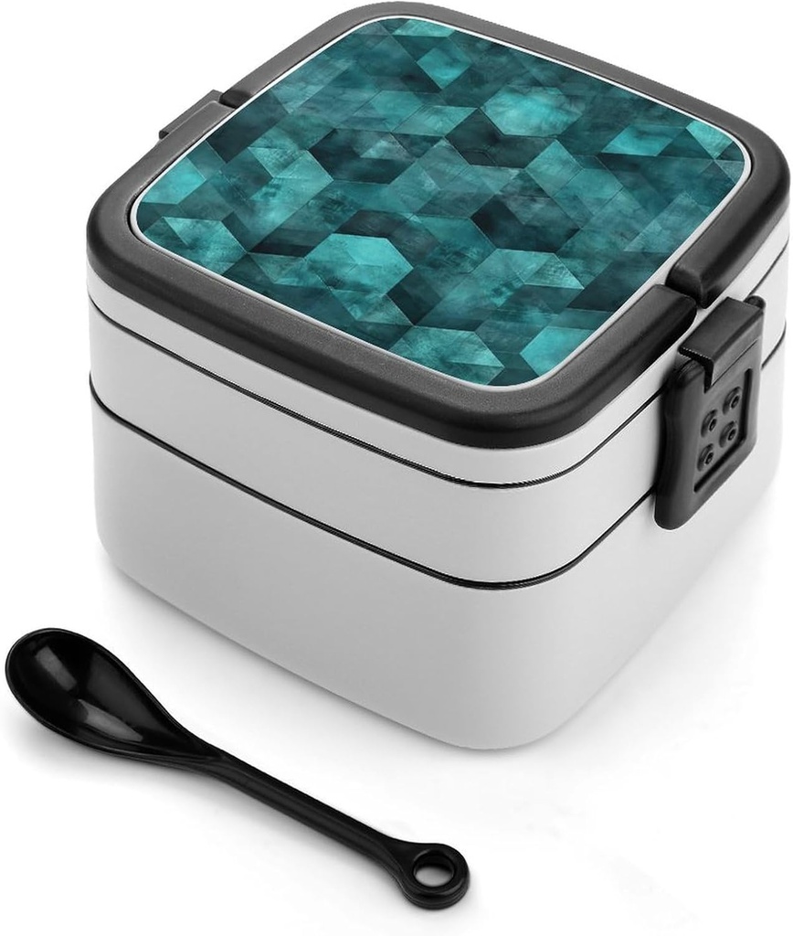 Cyan Geometric Pattern Bento Box Adult Lunch Box All-in-One Lunch Containers with Removable Compartments Double Layer Bento Lunch Box with Spoon And Handle Stackable Lunchbox