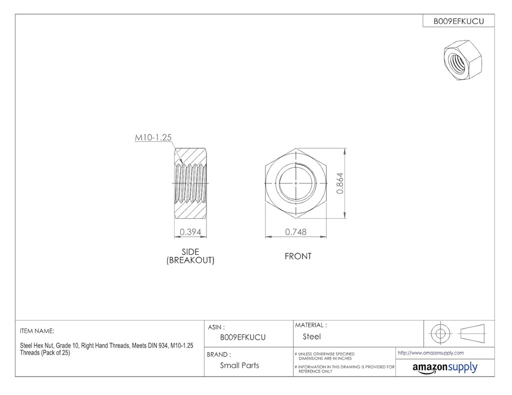 Small Parts Steel Hex Nut, Plain Finish, Class 10, DIN 934, Metric, M12-1.75 Thread Size, 19 mm Width Across Flats, 10 mm Thick (Pack of 25)