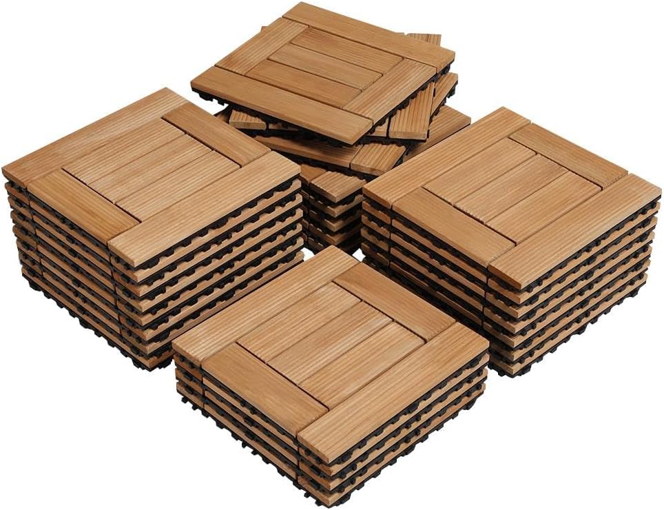 Yaheetech 27PCS Natural Wood Deck Tiles Interlocking Patio Deck Tiles Solid Wood and Plastic Indoor&Outdoor 12 x 12in