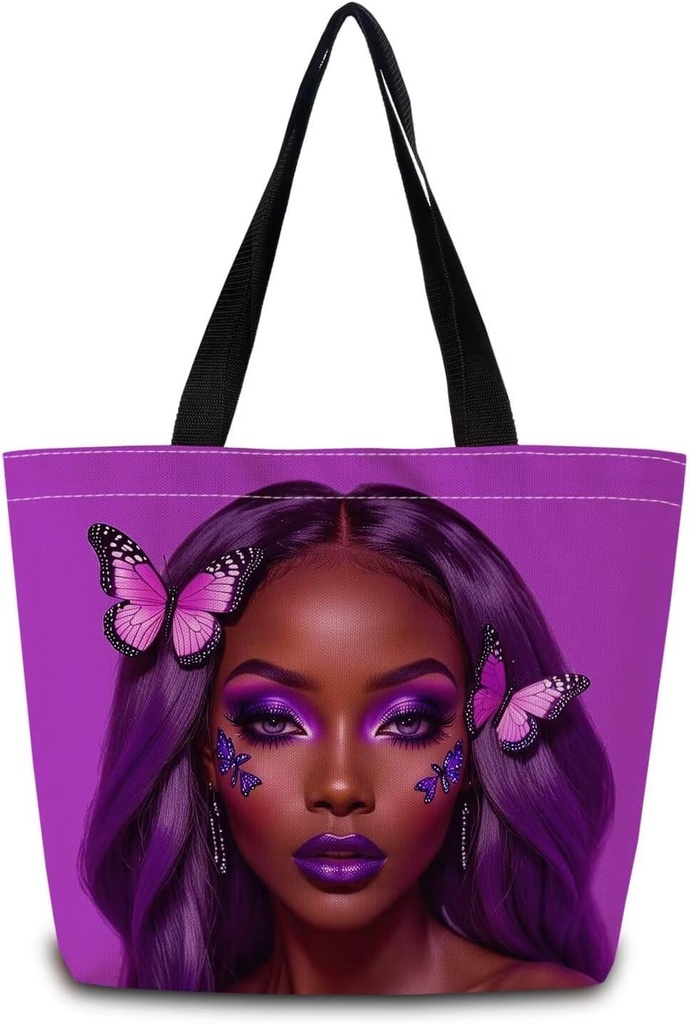 African American Tote Bag Reusable Grocery Bags Aesthetic Shopping Shoulder Handbag with Interior Zipper Pocket Stylish Chic Purple Butterfly Present for Women