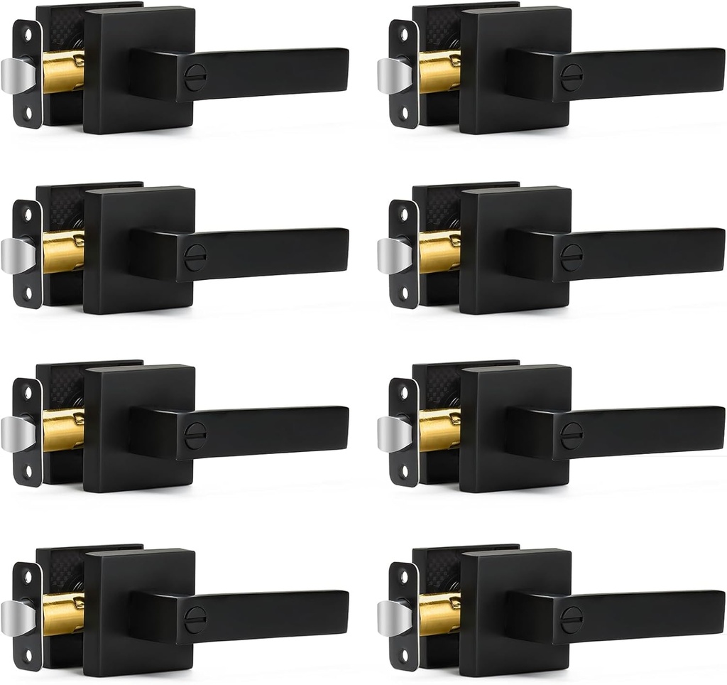8 Pack Matte Black Door Handles Privacy Door Levers, Heavy Duty Bed and Bath Door Locks Interior Door Knobs, Reversible Keyless Flat Levers with Square Rosette
