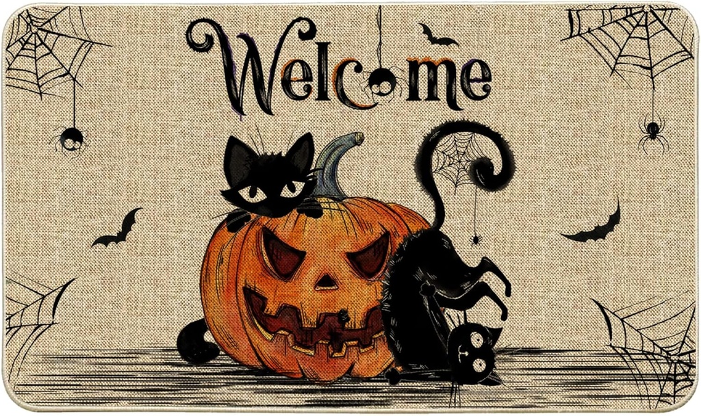 Hexagram Halloween Door Mat 17x29 Inch, Halloween Rug Welcome Mats Outdoor, Pumpkin Black Cat Doormats for Front Door Decorations
