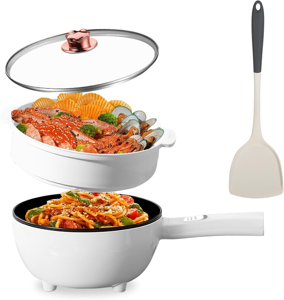 Electric Hot Pot with Steamer, 3L Non-Stick Multi-Functional Cooker, Dual Power 1000W/600W, Overheat & Dry-Boil Protection, Ideal for Dorm, Apartment, Includes Durable Long Handle & Steamer Spatula