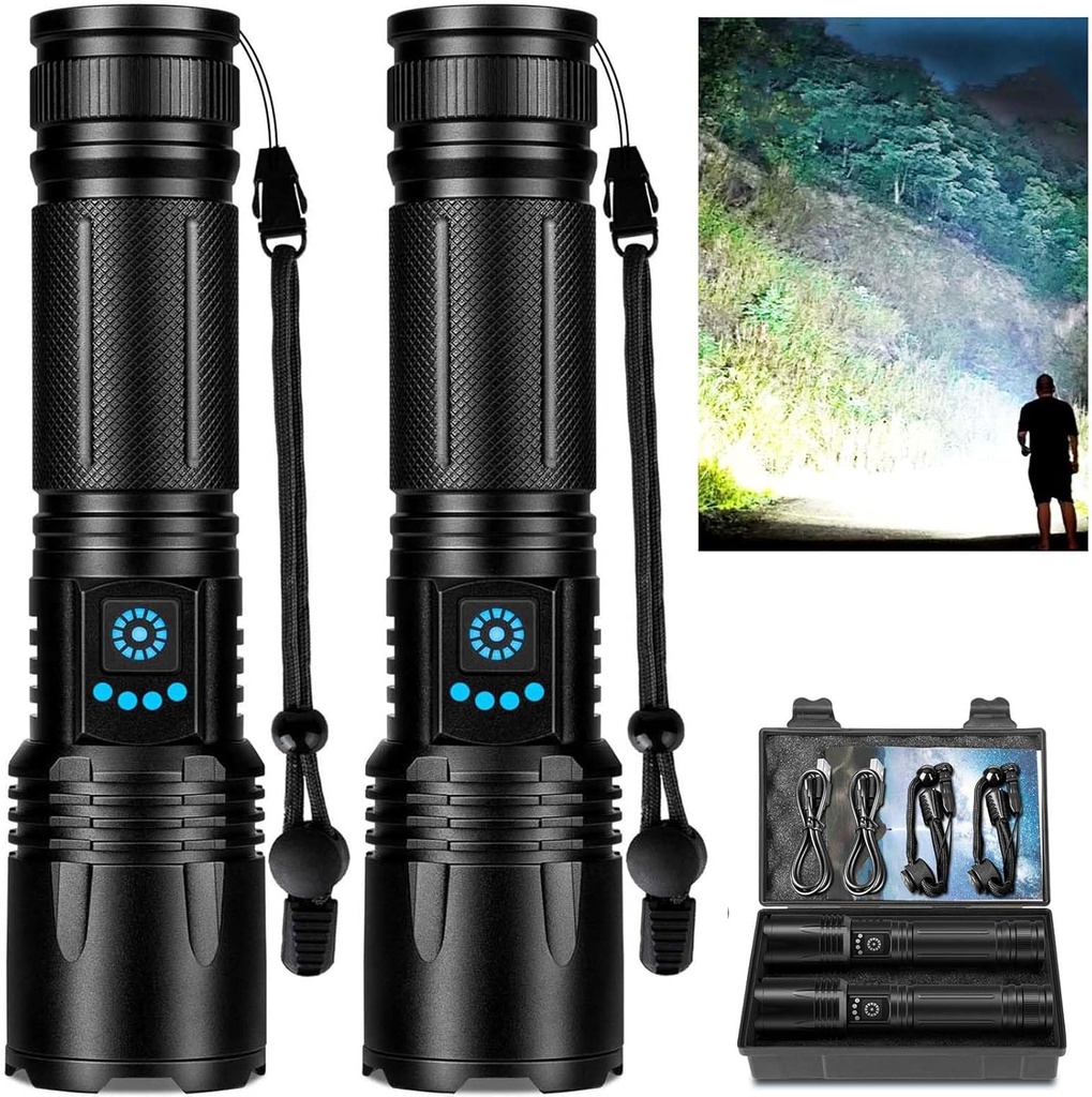 Rechargeable Flashlights High Lumens, 99,000 Lumens Super Bright Led Flashlights with 5 Modes & Waterproof, Powerful Handheld Flashlight for Camping Home (2 Pack)