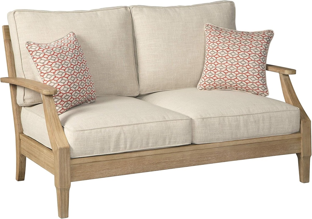Signature Design by Ashley Clare View Coastal Outdoor Eucalyptus Patio Loveseat – Cushioned with Nuvella Fabric, 5-Step Protective Finish, Beige