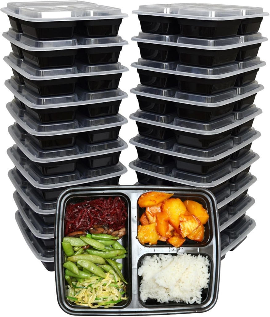 Green Direct 3 Compartment Meal Prep Containers With Lids, Disposable Plastic Lunch Food Storage Containers, To Go Take Out Freezer & Microwave Safe For Leftover, Bento Box Pack of 10