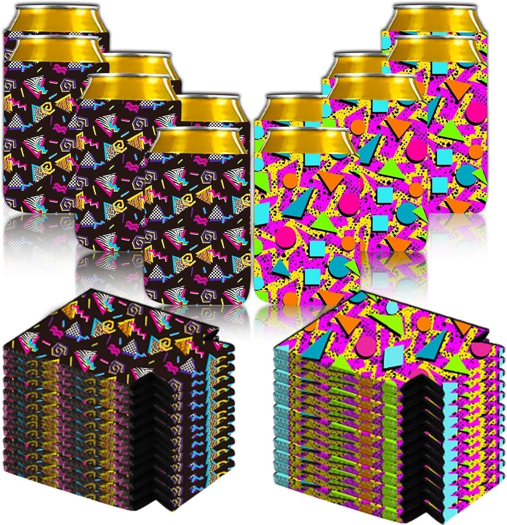 24-Piece Retro 80s 90s Vintage Can Cooler Sleeves - Memphis Fashion Neon Bottle & Can Sleeves - Party Supplies