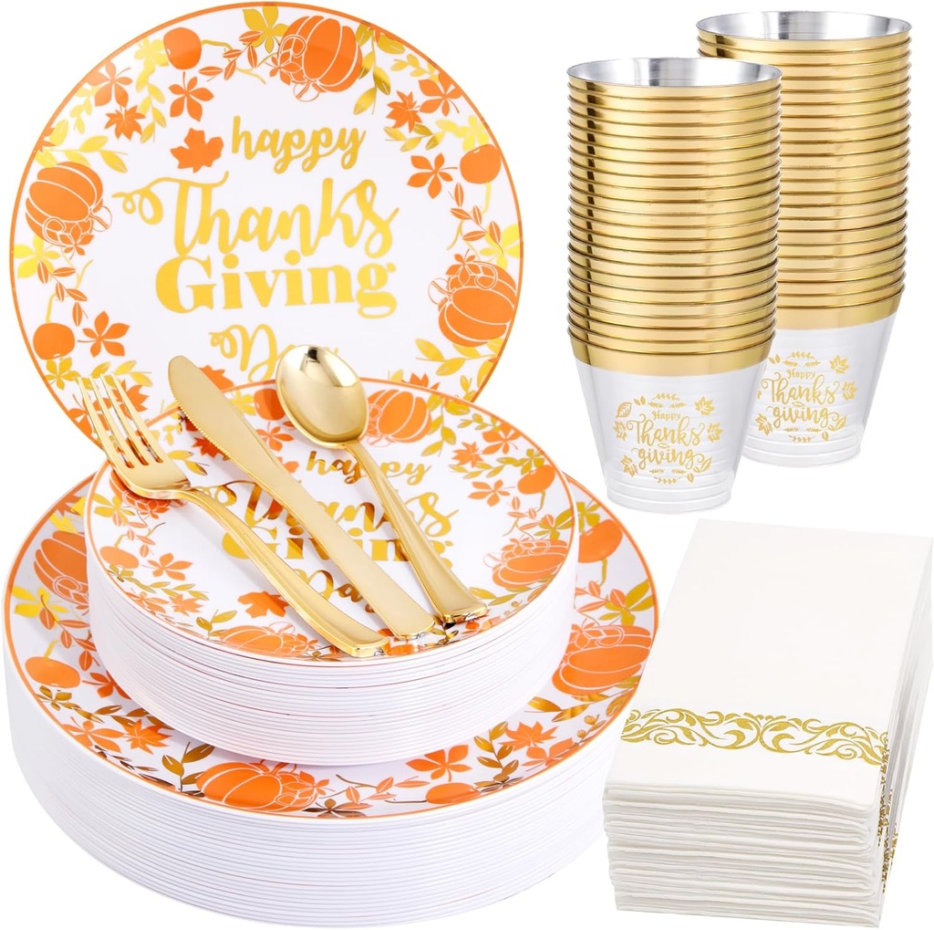 Supernal 175pcs Thanksgiving Plastic Dinnerware Set,Disposable Plates with Gold Plastic Silverware and Cups,Pumpkin and Maple Leaf Design for Thanksgiving Day Party