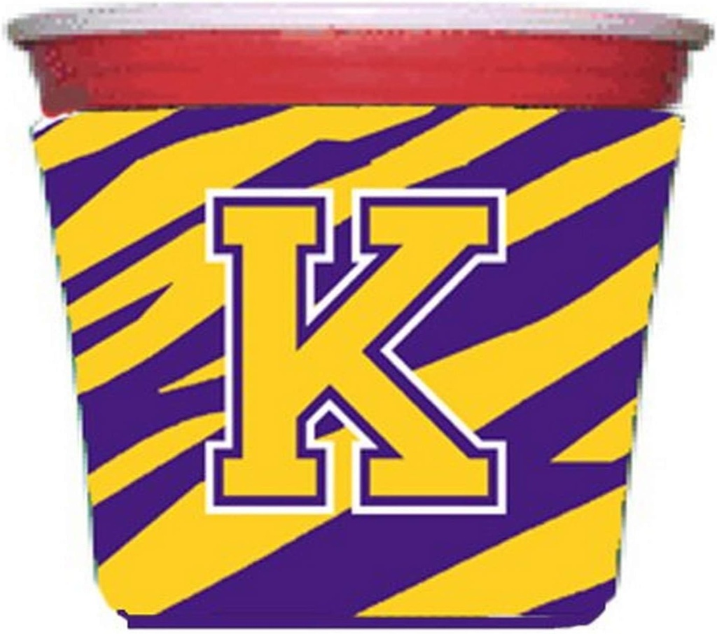Tiger Stripe - Purple Gold Letter K Monogram Initial Red Solo Cup Beverage Insulator Hugger
