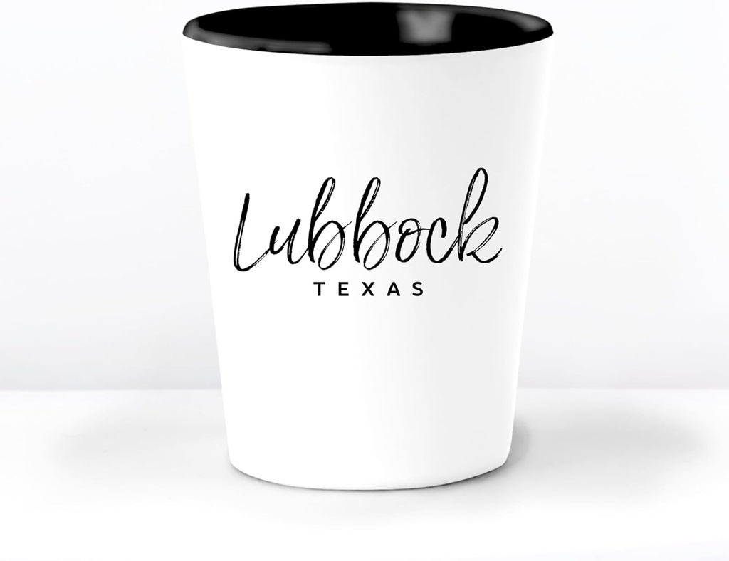 Generic Lubbock TX Ceramic 1.5 Ounce Souvenir Shot Glass - White With Black Interior - Bachelor & Bachelorette Party Favors - Bridesmaid & Groomsmen Present - Texas Home Town Decoration