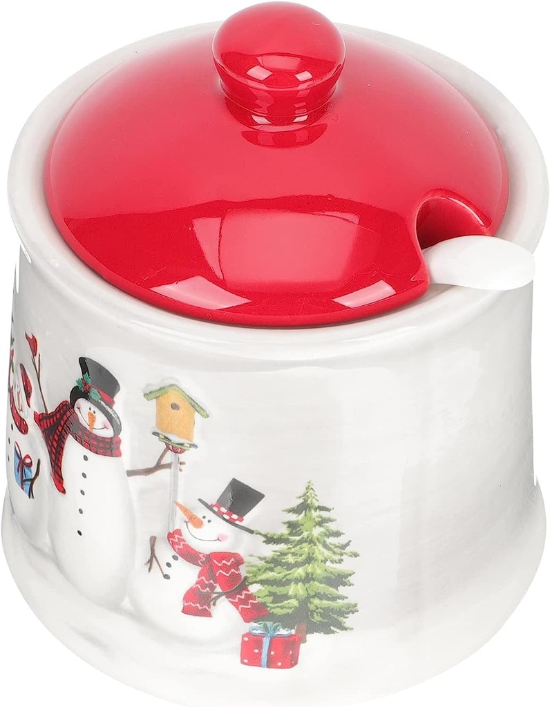 Christmas Cookie Jar Winter Holiday Ceramic Cookie Jar Snowmans Farmhouse Cookie Jar with Lid Sugar Bowl with Lid and Spoon Seasoning Jar Condiment Pot for Home and Kitchen
