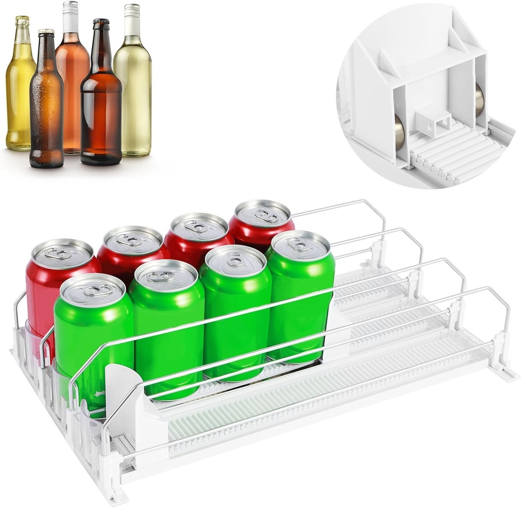 Drinks Organizer for Fridge Self-Sliding Soda Can Dispenser Adjustable Width Fridge Organizer Drinks Dispenser 3 Rows Can Organizer with Locking Design Holds 12 oz 16 oz 20 oz for Cola Juice Soda