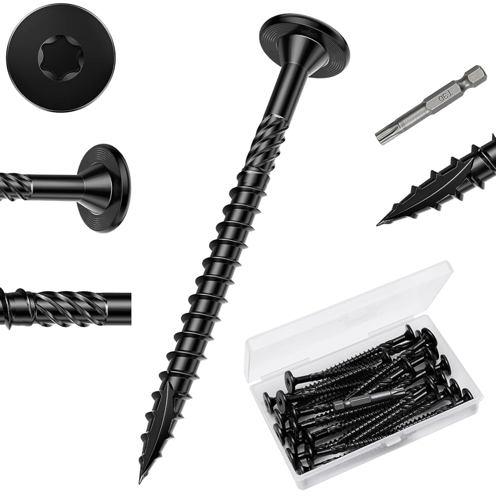 #14×6Inch Structural Screws, 30pcs Carbon Steel Rustproof Deck Screws,Black Heavy Duty Outdoor Wood Screws with T30 Drill Bit, No Pre-Drilling Required Star Drive