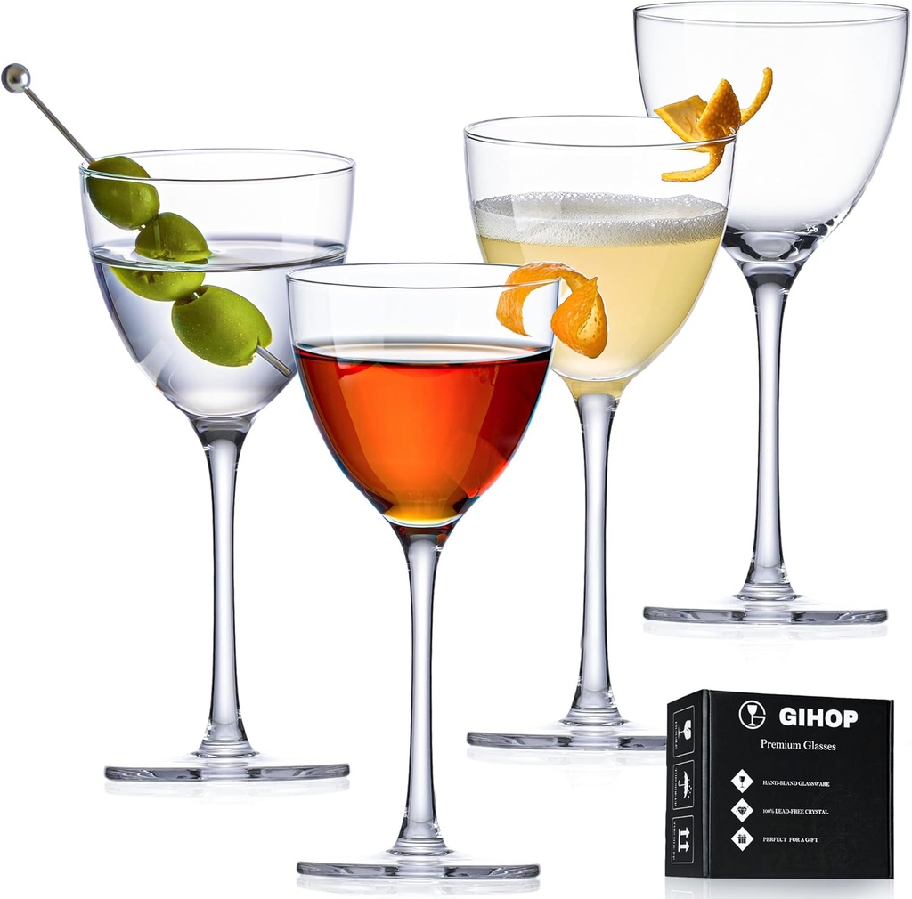 Nick and Nora Cocktail Glasses, 5.8Oz Hand Blown Martini Glasses Set of 4, 100% Lead-Free Craystal Coupe Glassware, Small Cocktail Glasses for Manhattan, Cosmopolitan, Espresso with Gift Box