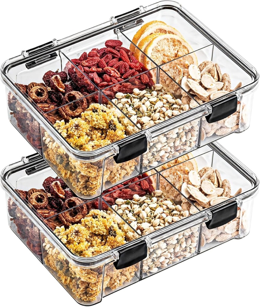 2 Pcs 6 Compartment Snack Containers for Kids, Reusable Easy Open Divided Food Storage Jars with Secure Lids, Ideal for School Lunch & Travel
