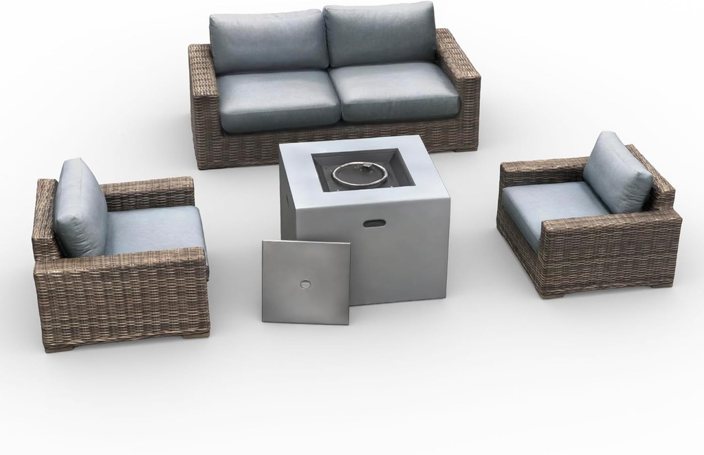 Mazatzal 4 Piece Outdoor Patio Furniture Set with 32 Inch Square Propane Fire Pit, Wicker Rattan Outdoor Loveseat and Stationary Chairs, Aluminum Frame, Includes Fire Glass & Wind Guard