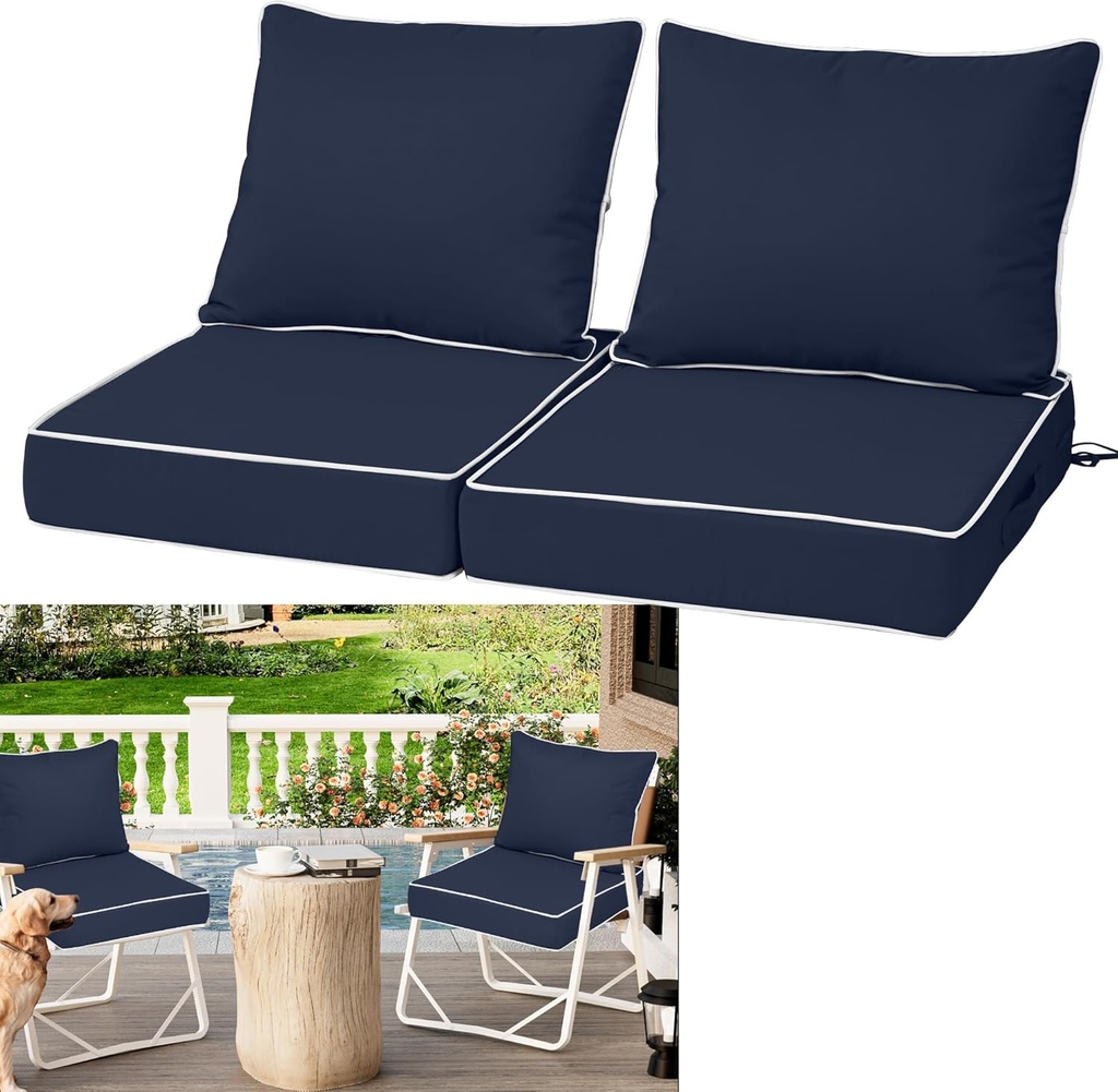 Waterproof Outdoor Chair Cushion Set of 2, 19x19x4 IN Deep Seat Patio Cushions with Fade Resistant Removable Cover,Outdoor Cushions for Patio Furniture with Ties&Handle for Chair Sofa Couch,Navy+Pipes