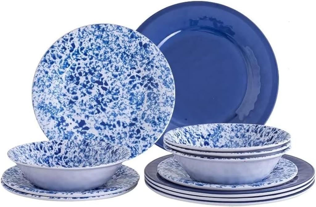 Melamine Dinnerware Set, 12 Piece Service for 4, Blue and White Porcelain Tableware Dishes for Indoor and Outdoor Use, Unbreakable Plates and Bowls Sets, Dishwasher Safe BPA Free