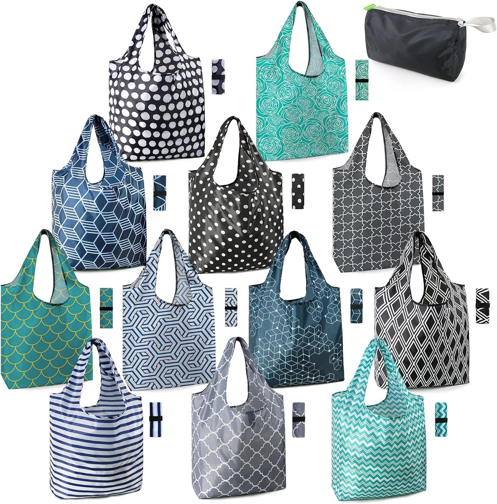 BeeGreen Reusable Grocery Bags Lightweight Durable Shopping Bags Washable Foldable 12 Pack Xlarge Classic Geometric Design Gift Tote Grocery Bags with Elastic Band and Separated Zipper Storage Pouch