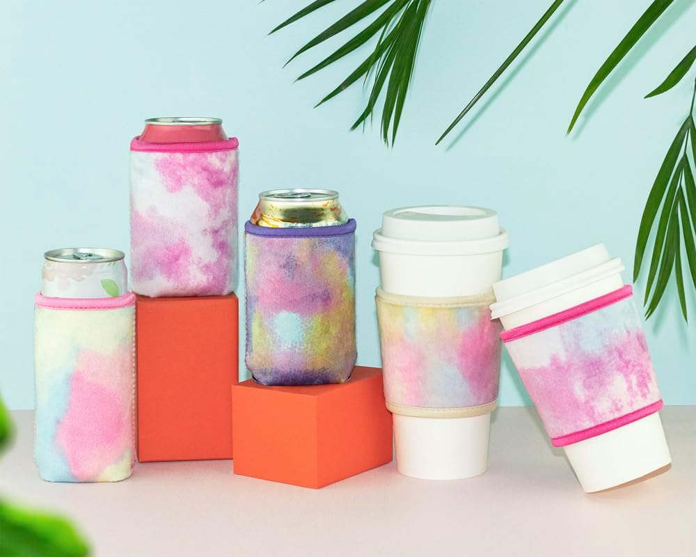 5-Pack Fuzzy Velvet Neoprene Slim Can Cooler - Soft Insulated Sleeve for 12oz Skinny Soda and Beverage Cans, Multicolor Tie-Dye (Blue, Rose Pink, Light Rose, Purple, Yellow)