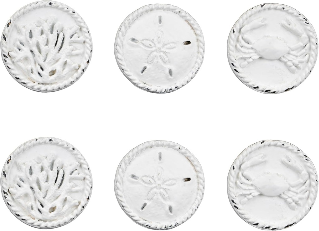 SOFFEE DESIGN Set of 6 Metal White Beach Style Cabinet Knobs, Sand Dollar, Crab, Coral Decorative Pull Handle for Door/Cabinet/Drawer, for French/Ocean Beach Vacation Villa Furniture
