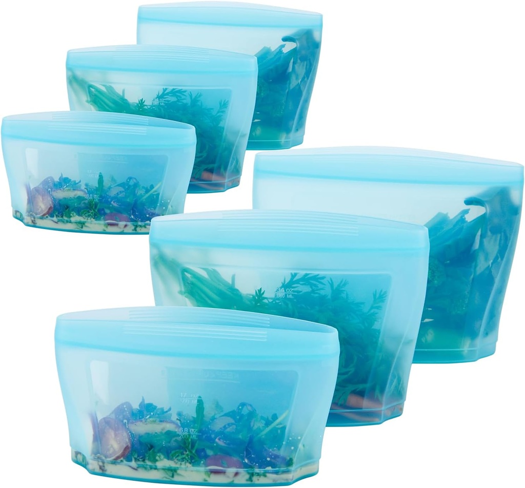 Reusable Silicone Food Storage Bag, Stand Up Food Storage Container, Reusable Zipper seal bag, no lid required, for Food Storage& Meal Prep, Freezer Oven Dishwasher - Safe, Set of 6 Bowls