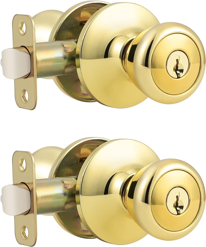 GOBEKOR 2 Pack Keyed Alike Door Knobs Polished Brass Exterior Door Knob with Same Keys Tulip Entry Door Knobs with Lock and Key