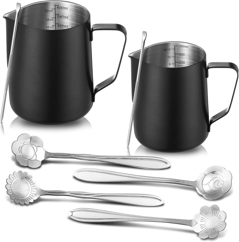 Irenare 2 Pcs Milk Frothing Pitcher 12 Oz and 20 Oz Stainless Steel Milk Frother Cup with 4 Floral Dessert Coffee Spoons 2 Decorating Art Pens Espresso Accessories Set for Kitchen Cafe Bar(Black)