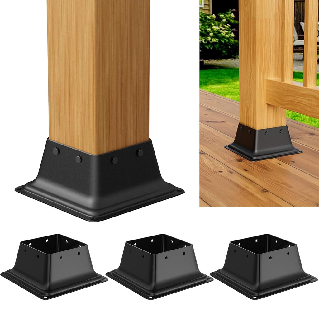 4x4 Post Base 4Pcs, Internal 3.6"x3.6" Heavy Duty Powder-Coated Steel Post Bracket Fit for Standard Wood Post Anchor, Decking Post Base for Deck Porch Handrail Railing Support