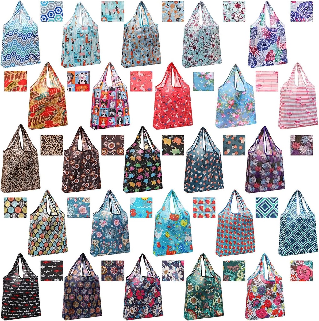 Shappy 25 Pack Reusable Shopping Bags - Floral Grocery Bags - Foldable Tote Bags - Machine Washable - Waterproof - Lightweight