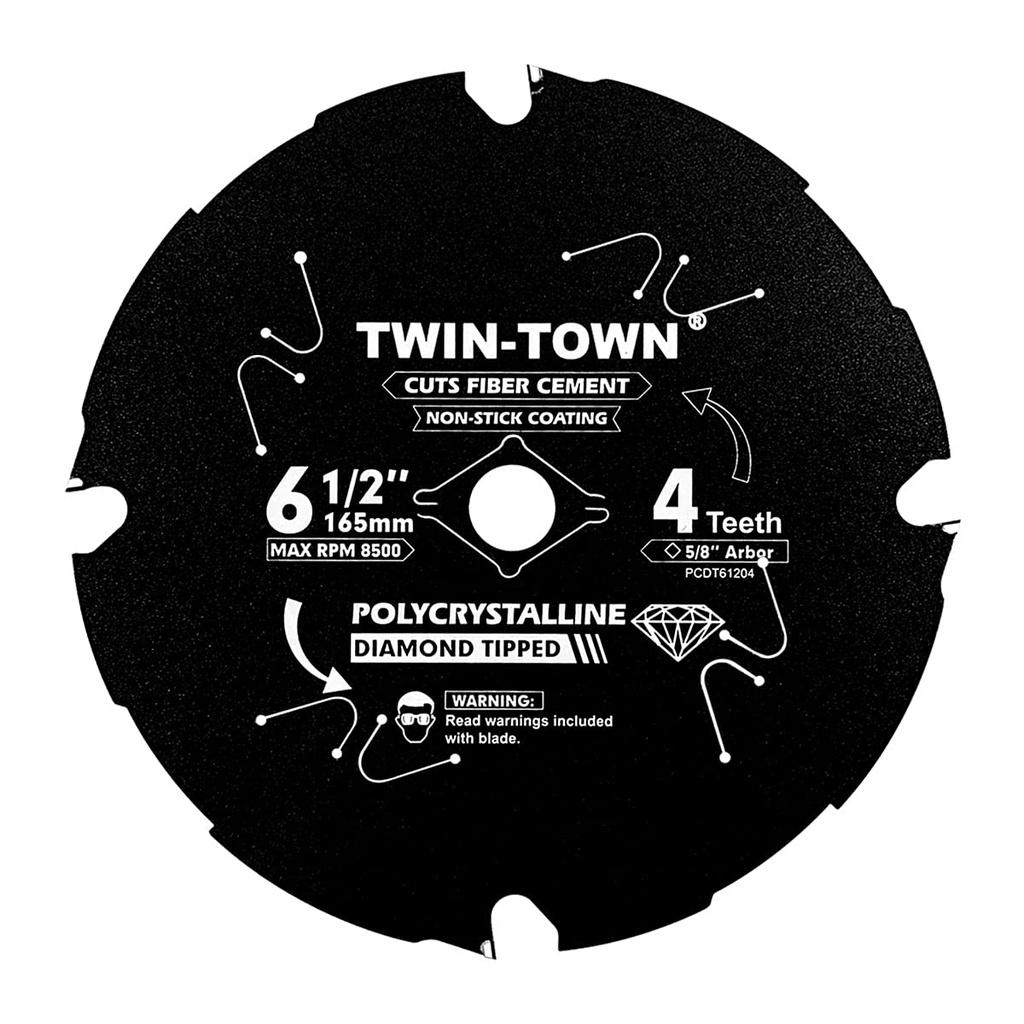 TWIN-TOWN PCDT61204 6-1/2 Inch 4 Tooth Polycrystalline Diamond Tipped (PCD) Hardie Fiber Cement Saw Blade with 5/8 Inch Arbor