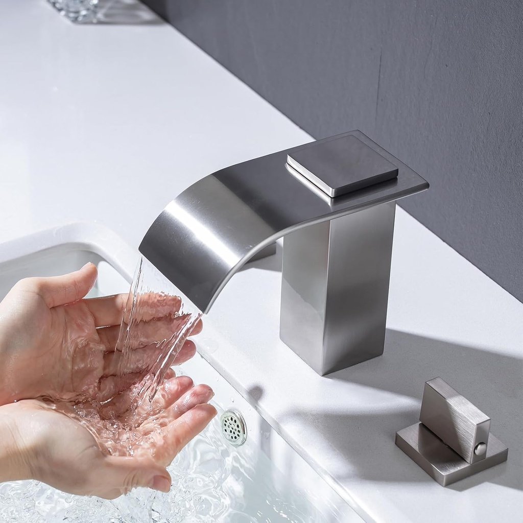 Waterfall Bathroom Faucet 3 Hole 8 inch Bathroom Sink Faucet Widespread 2 Handle Lavatory Sink Faucets Deck Mounted Waterfall Vanity Faucet with Hose, Brushed Nickel