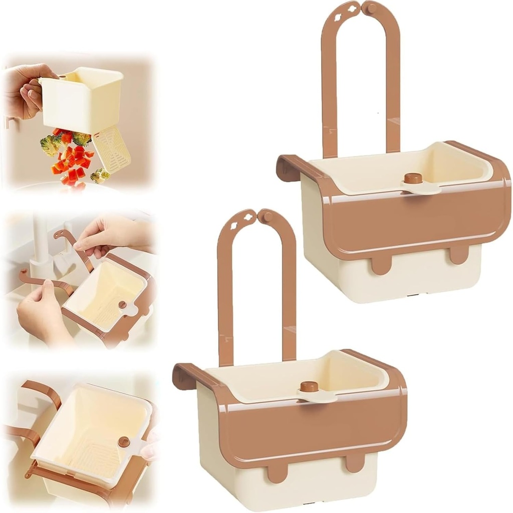 Kitchen Sink Strainer Basket - Hanging Food Catcher with Drain Holes & Push Button, Fine Mesh Sink Filter for Waste Disposal, Stainless Steel Drain Basket Organizer (2, Khaki)
