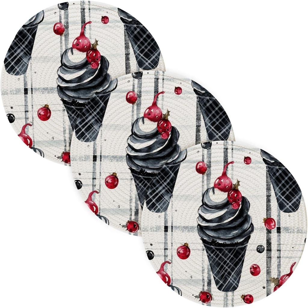 3 Pcs Extra Large Trivet for Hot Pots and Pans 15in Cotton Thread Weave Pan Pad for Crock Pot Farmhouse Kitchen Decor Black Ice Cream Buffalo Plaid Snowflakes Christmas