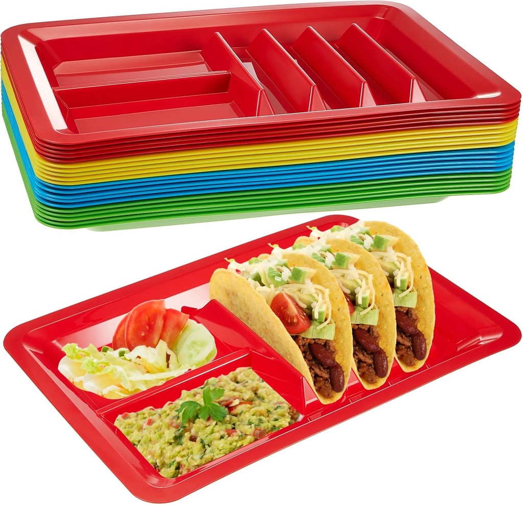 Uiifan 12 Pcs Plastic Taco Plates for Mexican Party Fiesta Taco Holder with 4 Stand up Holder and 2 Dipping Areas Colorful Taco Trays for Taco Night, Taco Tuesday Microwave Dishwasher Safe