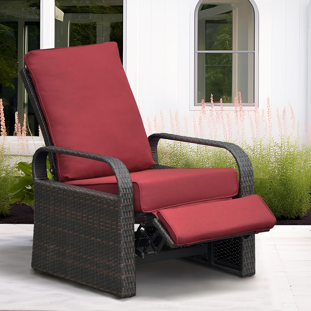 Outdoor Recliner, Outdoor Resin Wicker Patio Recliner Chair with 5.5'' Cushions, Patio Furniture Auto Adjustable Rattan Sofa, UV/Fade/Water/Sweat/Rust Protected, Easy to Assemble (Red)