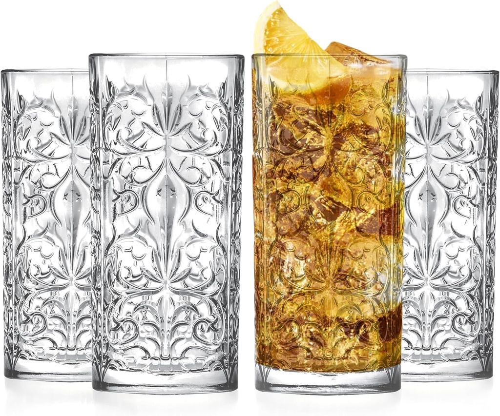 Barski Highball Glass - Drinking Glasses - Set of 4 - Hiball Tumblers - Glass Crystal Tumbler - for Water, Juice, Beer, Mixed Cocktails, Mojito Glass, Tom Collins Bar Glassware, 13 oz, Made in Europe