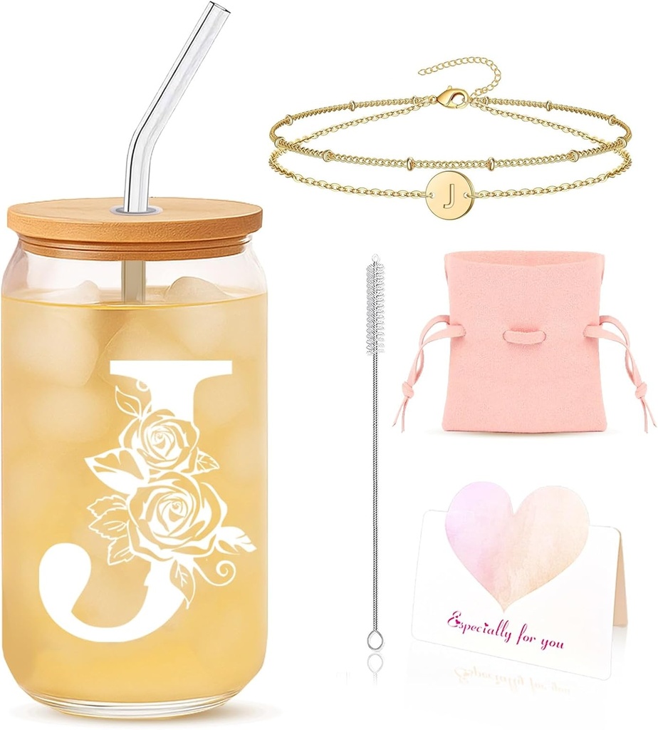 Gifts for Women – Christmas Gift Box with Initial Glass Cup and Bracelet – Thoughtful Present for Mom, Sister, or Friend
