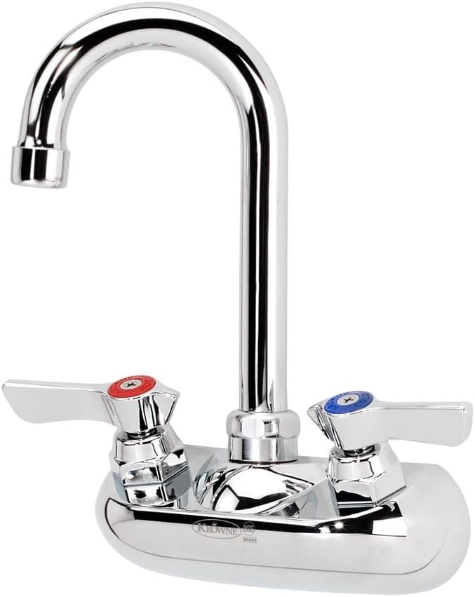 Krowne 10-400L 3.5" Wall-Mounted Gooseneck Spout Faucet with Color Coded Handles for Commercial Kitchen Restaurant Healthcare Facility | .5 GPM Flow Rate | 4" Center, 1/2" NPS Male Inlet, Chrome, NSF