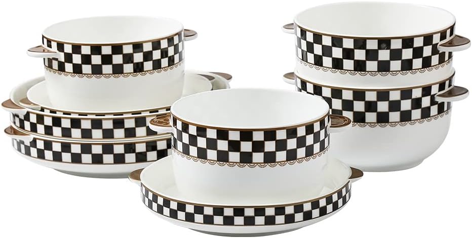 Porlien Checkered 8-Piece Plates and Bowls Set for 2 with Handles, Dessert/Cereal Bowls & Salad/Soup/Dessert Plates, Round Dinnerware Set with Handles