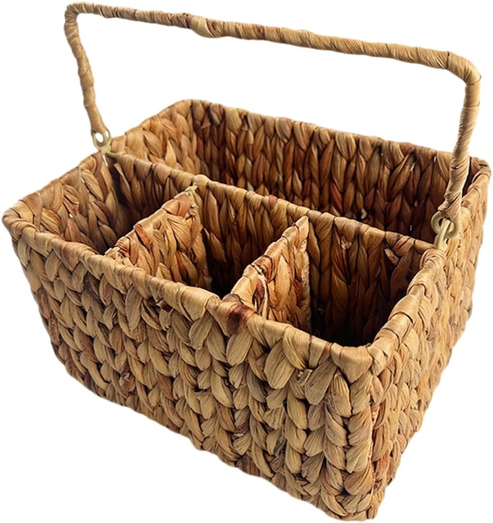 Straw Storage Basket Kitchen Utensil Holder Portable Cutlery Organizer Natural Multi-compartment Bin for Kitchen Dining Office
