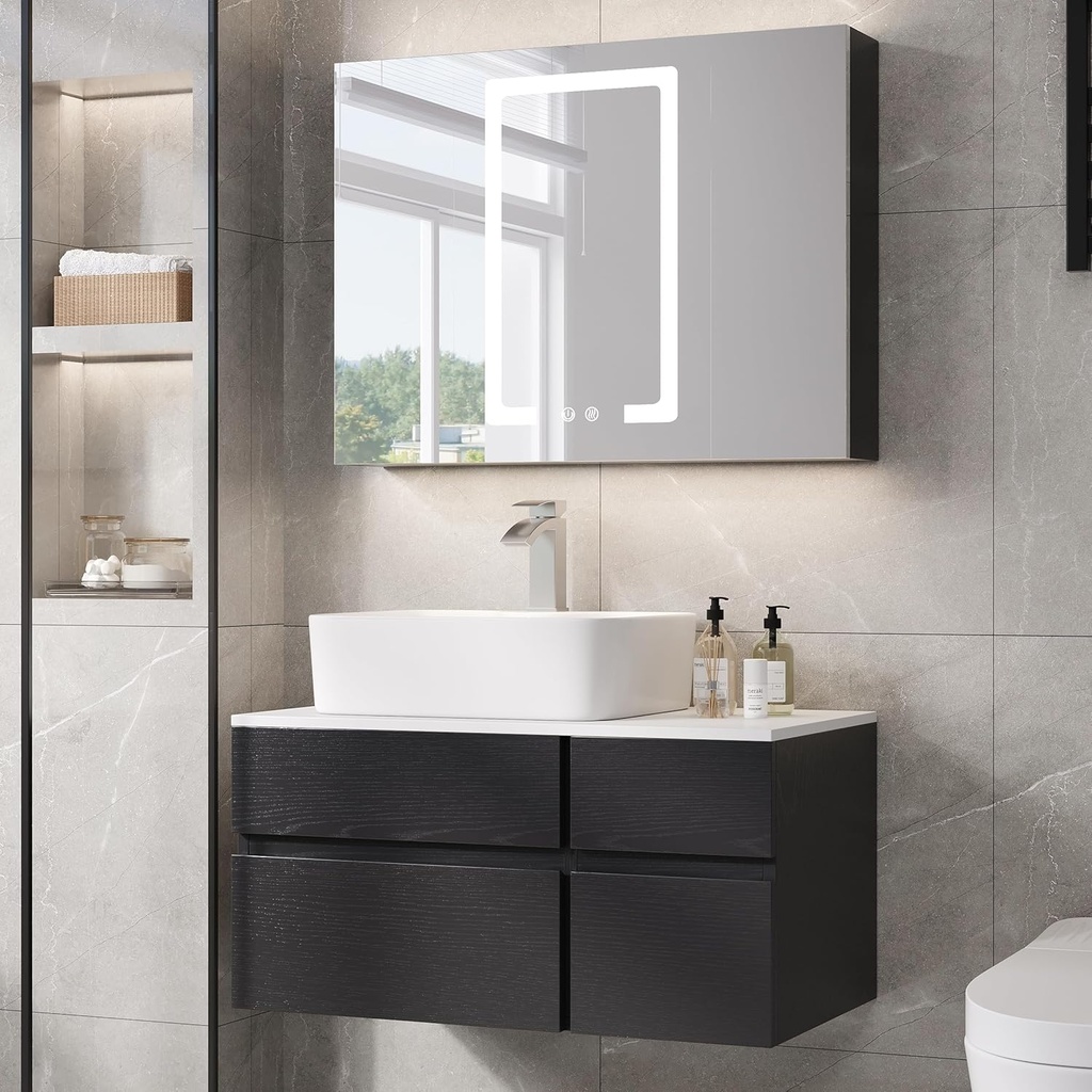 31.5" Modern Floating Faux Marble Bathroom Vanity with Sink, Wall-Mounted Ceramic Vessel Sink, Soft-Close Drawer, Black & White Plywood Base