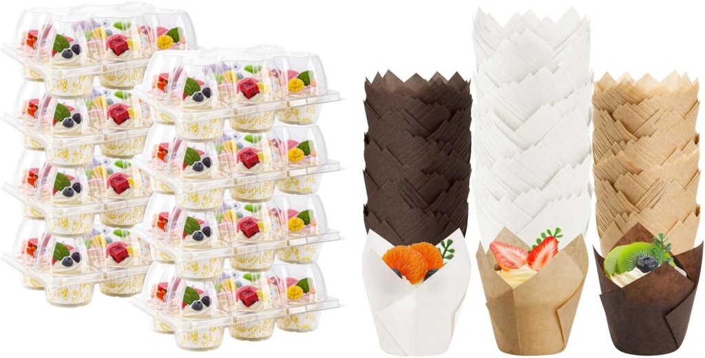 Bundle of 6 Count Cupcake Containers 15 Pack and 200PCS Tulip Cupcake Liners