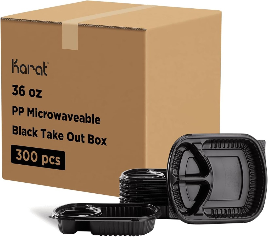 Karat 36oz PP Plastic Microwaveable Black Take Out Box, 3-compartment (Case of 300)