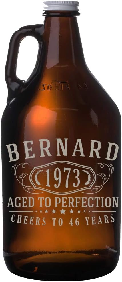 Spotted Dog Company Personalized Etched 64oz Amber Glass Beer Growler - Customized Engraved Gifts for Men - Beer Gifts for Men - Birthday, Bernard