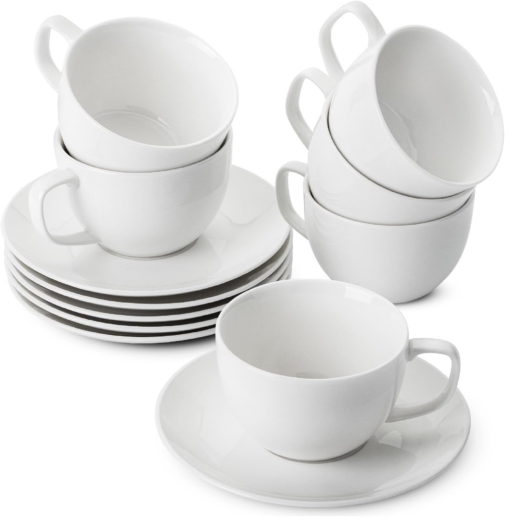 BTaT Porcelain Tea Cups and Saucers - 6oz, Set of 6, White Cup & Saucer Set