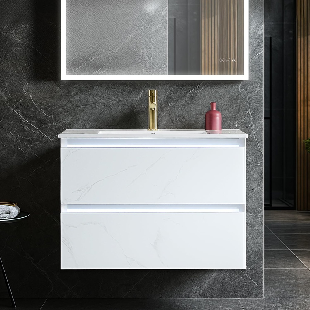 Blossom 30 inch LED Lighted Bathroom Vanity with Ceramic Sink | Wall Mounted Vanity with Dimmable LED Lights | Modern Floating Design for Small Bathrooms | 30" w/Ceramic Sink, Calacatta White